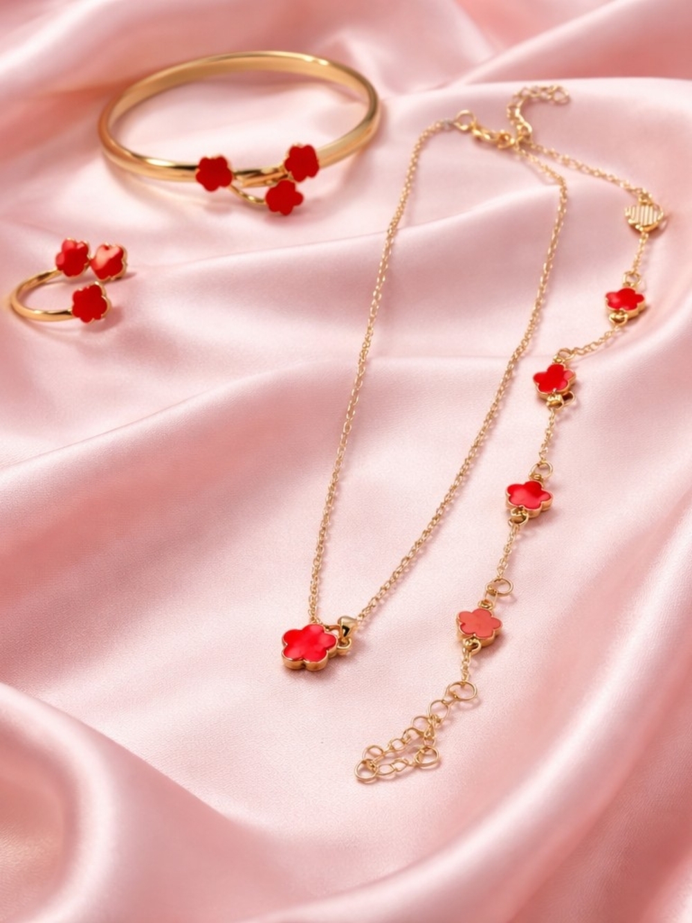 Gold-Tone Red Flower Jewelry Set – Women